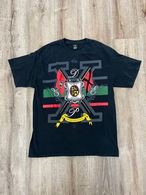 10.Deep Black Short Sleeve Tee with Crest, Red Flags and Yellow Banner